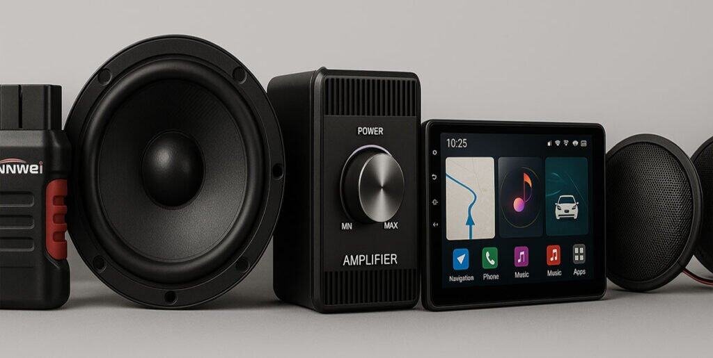 Car accessories including Konnwei scanners, car speakers, amplifiers, and Android car screens – available with fast delivery in Lebanon and Syria.