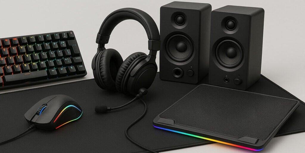 Computer accessories including RGB mechanical keyboards, gaming mice, mouse pads, speakers, headphones, and LED lights — available with fast delivery in Lebanon and Syria.