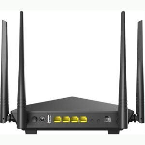 Tenda V12 AC1200 – Dual-band VDSL/ADSL modem router with 4 Gigabit ports, MU-MIMO, Beamforming, and VPN/IPTV support for fast and stable Wi-Fi.