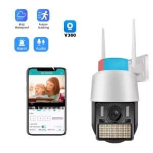 V380 Pro Camera – Outdoor WiFi security camera with auto tracking, full-color night vision, and wide-angle dome design.