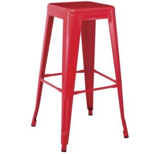 Loft Bar Stools – red metal high bar chair, durable, stackable, and industrial style seating for café, restaurant, or home bar.