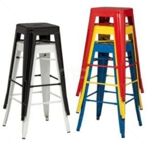 Loft Bar Stools – red metal high bar chair, durable, stackable, and industrial style seating for café, restaurant, or home bar.